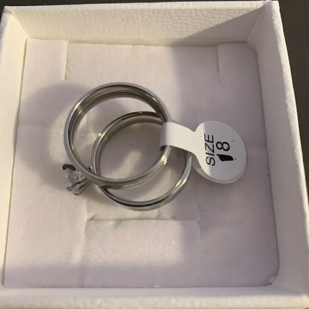 Stainless steel Size 8 solitaire diamond ring silver set